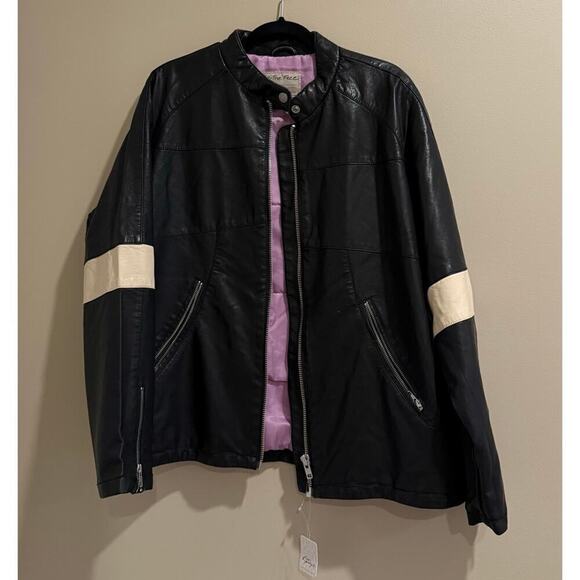 We The Free People Ryder Striped Leather Coat Jacket Black Large L NWT - Picture 4 of 7